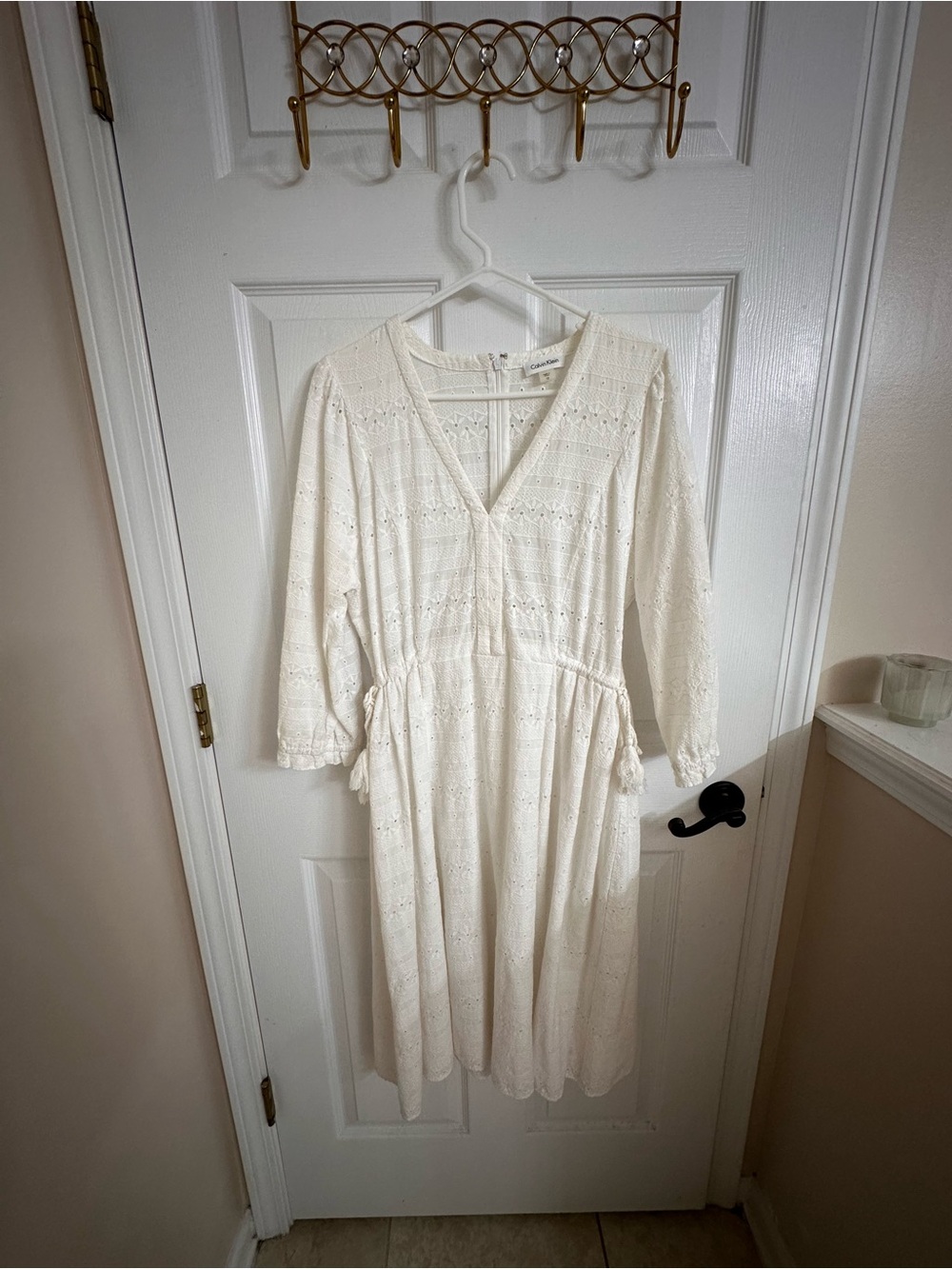 Calvin Klein Ivory Eyelet V-Neck Dress